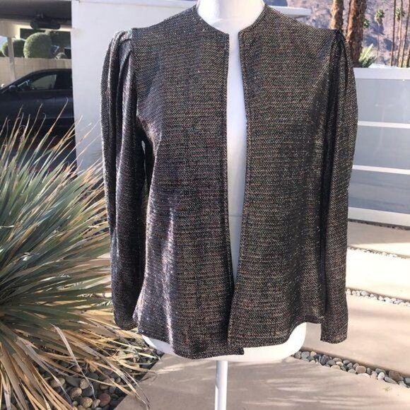 Vintage Open Jacket Womens 70s Metallic Puff Sleeve Silver Unlined Sparkly - Picture 6 of 12